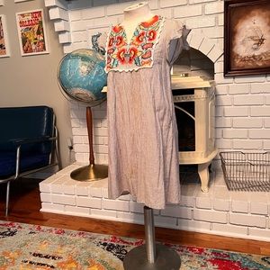 THML Medium gray and white striped dress with floral embroidery